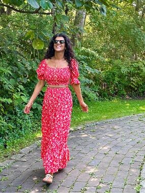 O'Neill Red Floral Puff-Sleeve Midi Set XS